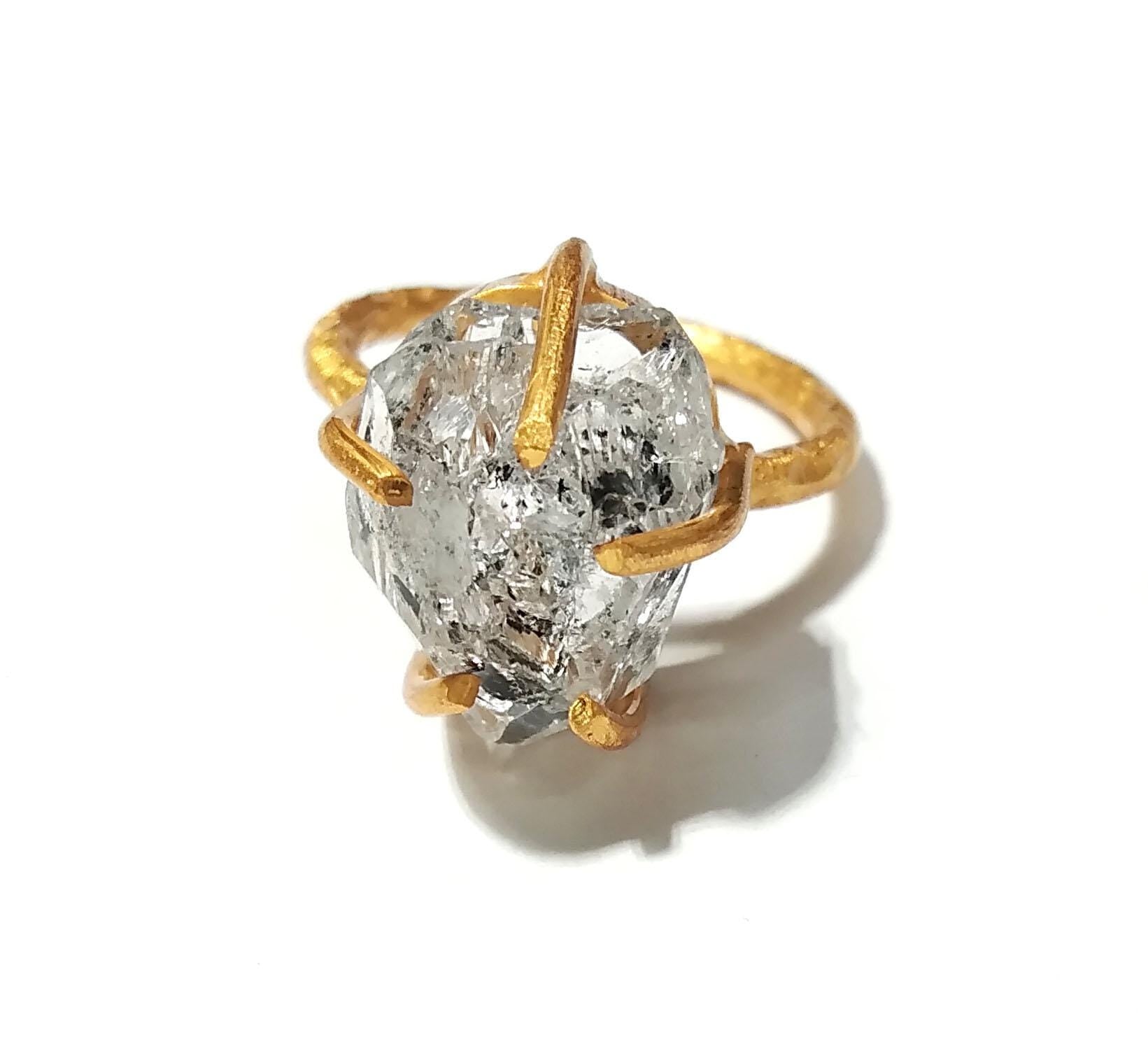 Herkimer Diamond Ring, Raw Herkimer Diamond Ring, 925 Sterling Silver Gold Plated Ring, Nice Design Good Making Gift Ring, For Men & Women.